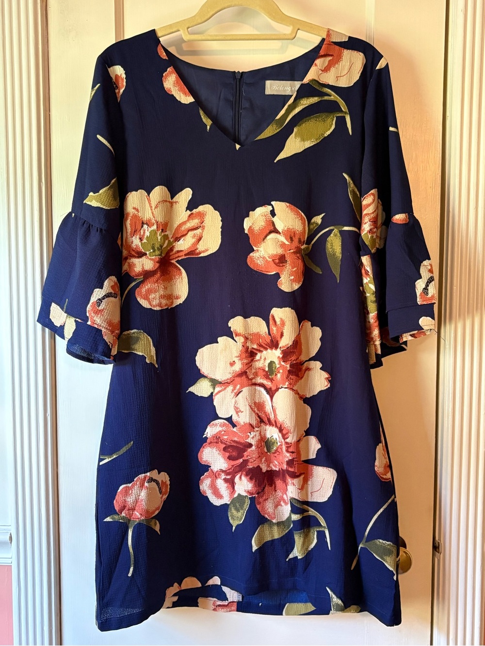 Belongsei Navy Floral Shift Dress with Bell Sleeves